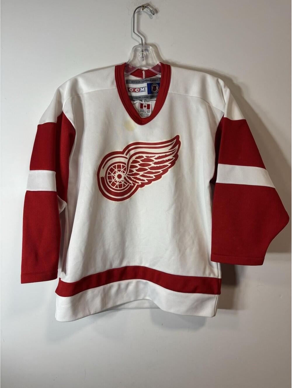 Vintage 90s CCM Maska White DETROIT RED WINGS  NHL Hockey Team JERSEY Youth L/XL